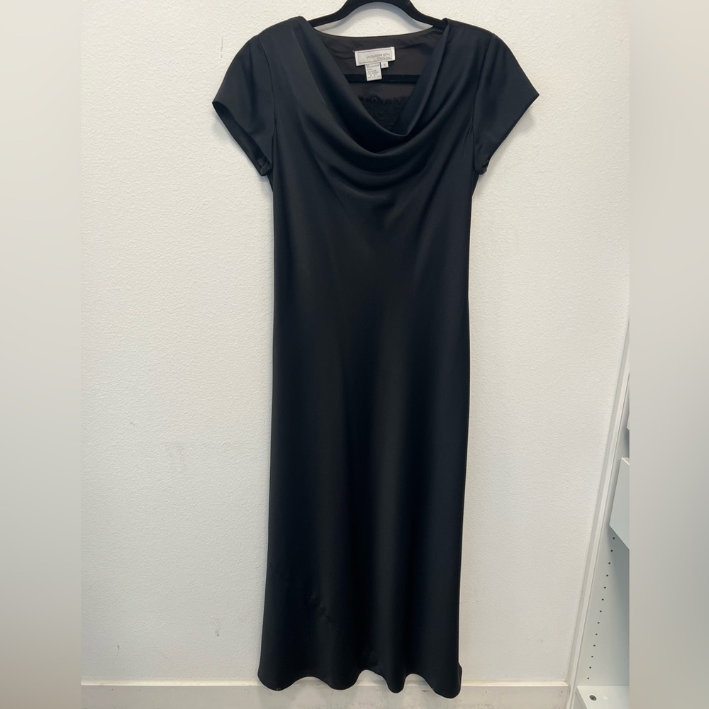 Vintage Warren Petites Black Draped Neck Midi Dress Size 8